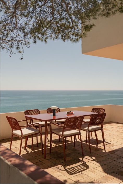 Rectangular table set 160x90 cm and 6 stackable garden chairs in braided rope Arhiza