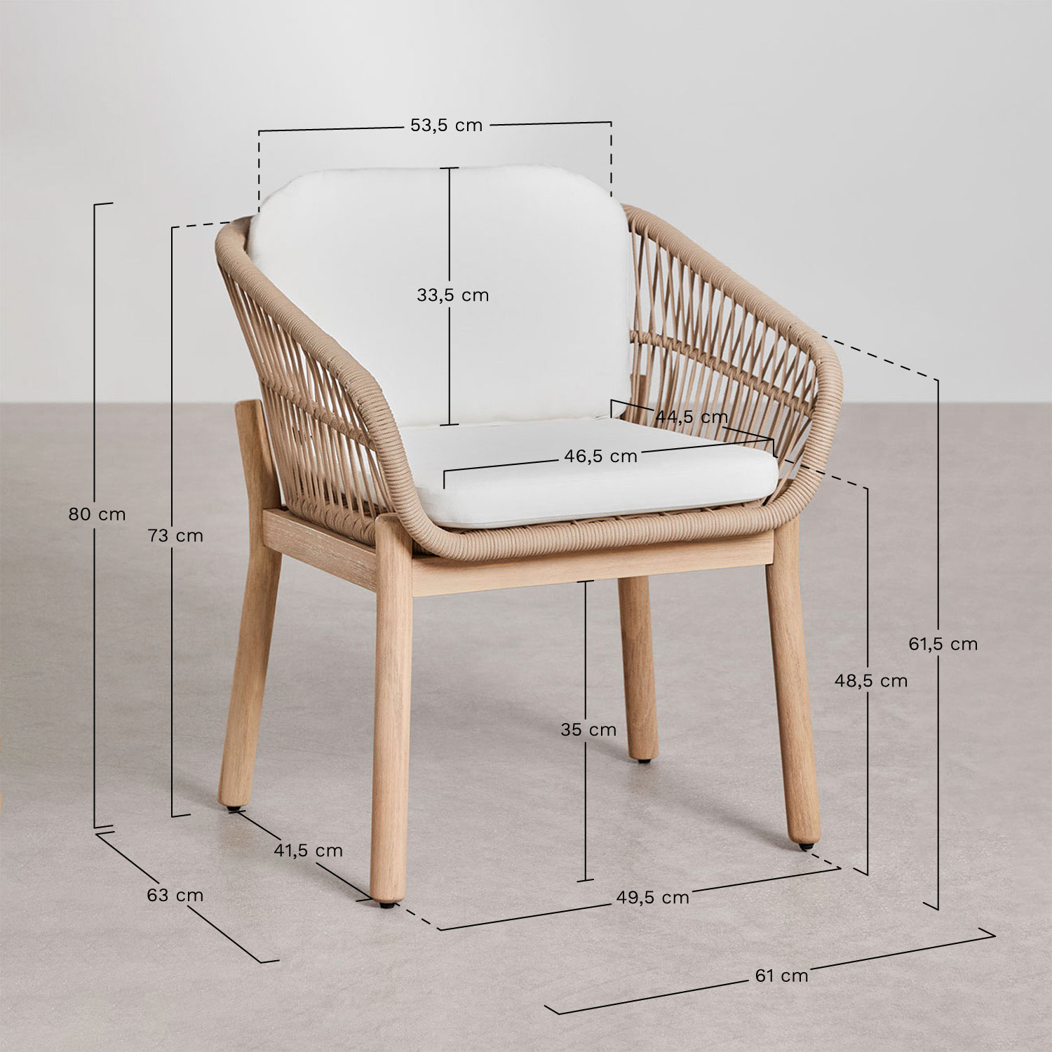 Karvia dining chair with armrests in acacia wood and braided rope, medidas