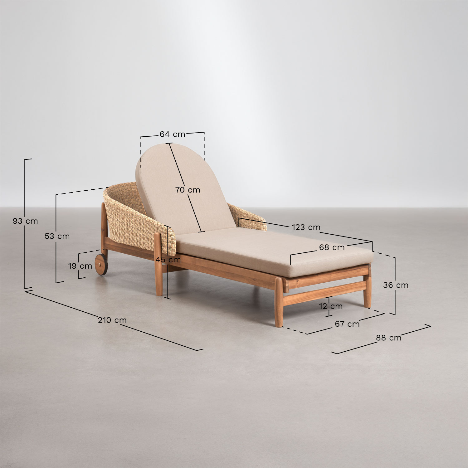 Pack of 2 loungers in acacia wood and synthetic rattan Ribeira, medidas