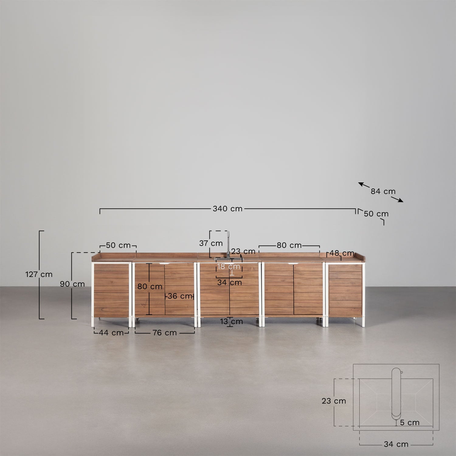 Modular 6-piece outdoor kitchen with sink and storage in acacia wood Reggie, medidas