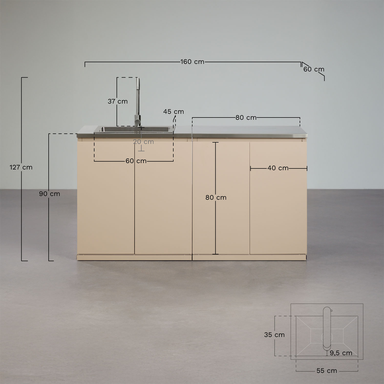 2-piece outdoor modular kitchen with sink and steel storage Rivana, medidas