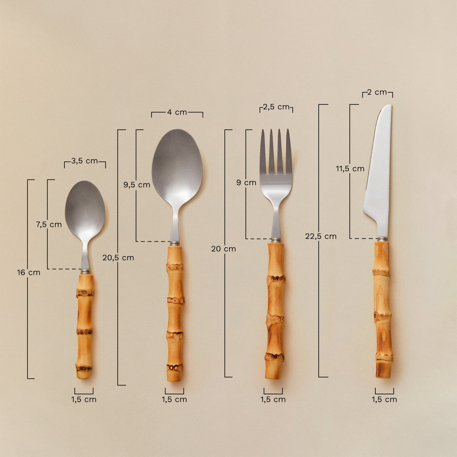 16-piece cutlery set in stainless steel and bamboo Visola, medidas