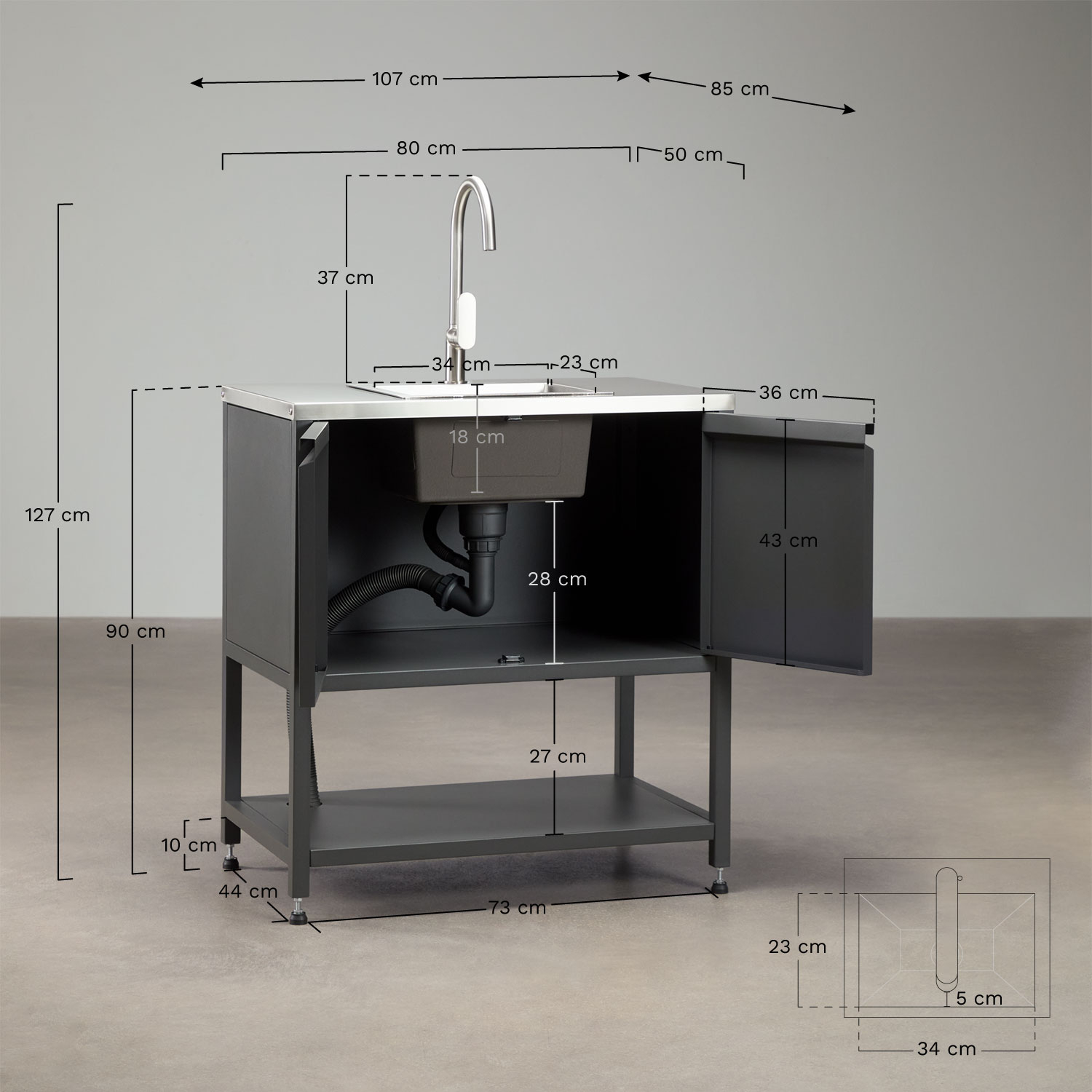 Outdoor modular kitchen storage module with sink in Savona steel, medidas