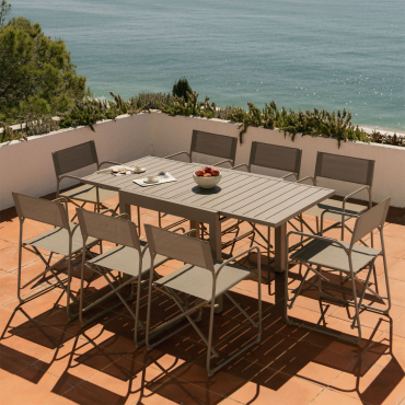 Starmi 90-180x90 Cm Extendable Aluminum Table Set And 8 Melida Folding Garden Director Chairs In Steel Moka Brown - Sklum