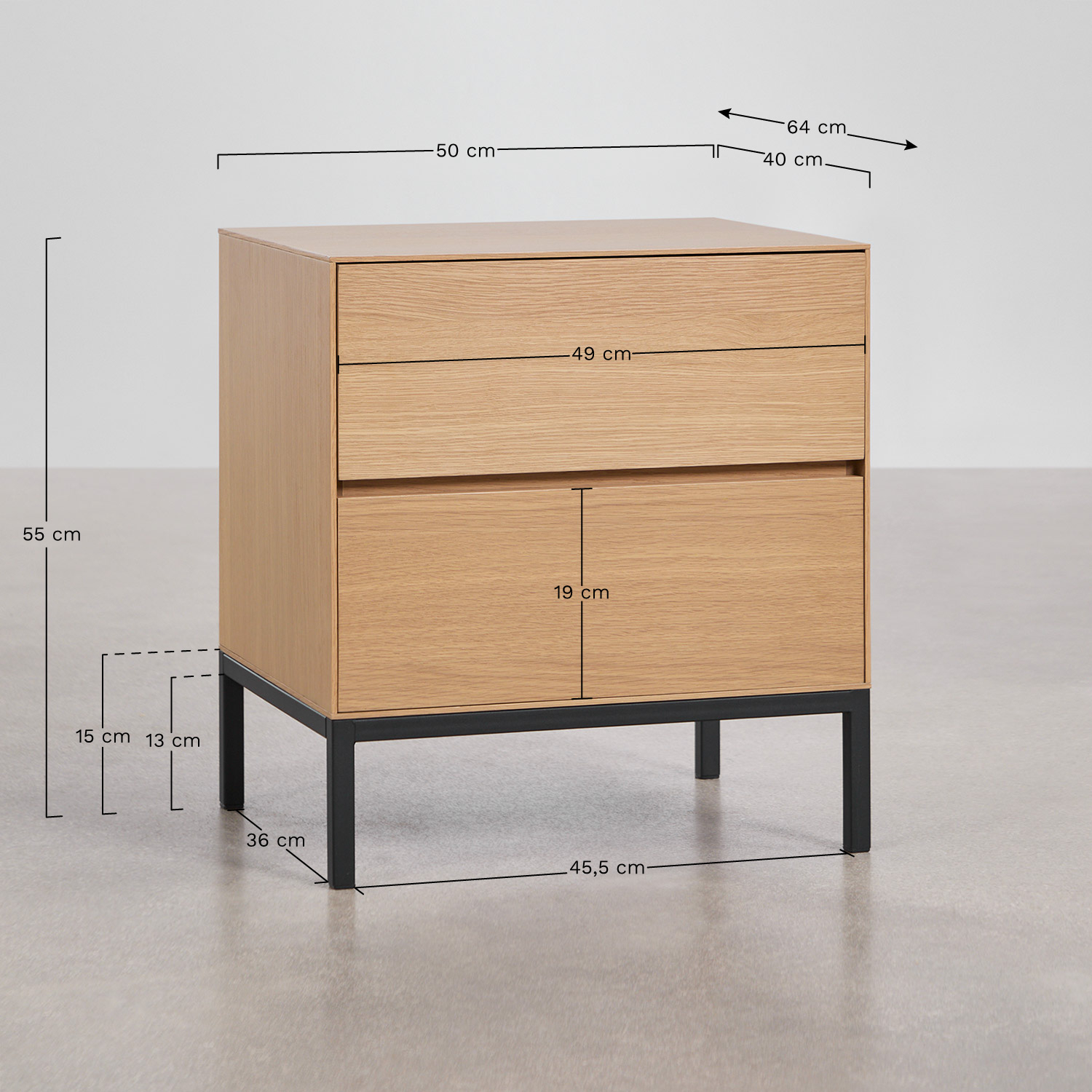 Bromley rectangular bedside table 50x40 cm in MDF and oak veneer, medidas