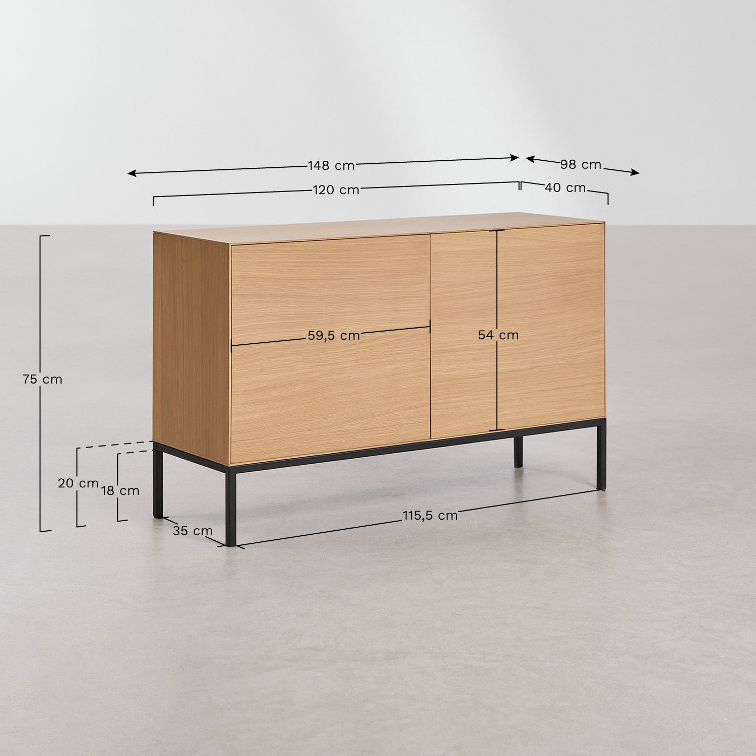 Rectangular sideboard 120x40 cm in MDF and Bromley oak veneer, medidas