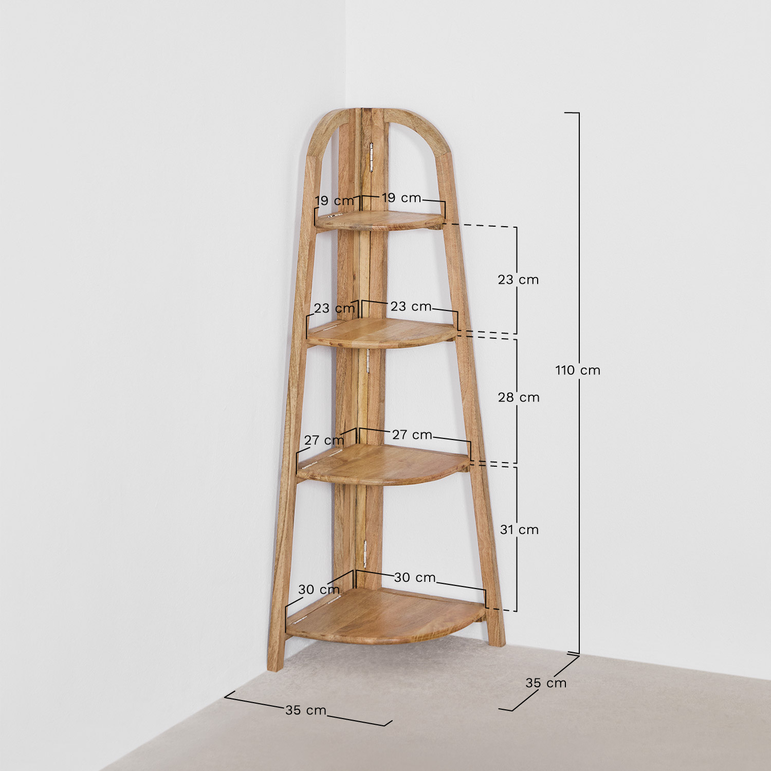 Shelby mango wood corner shelf, medidas