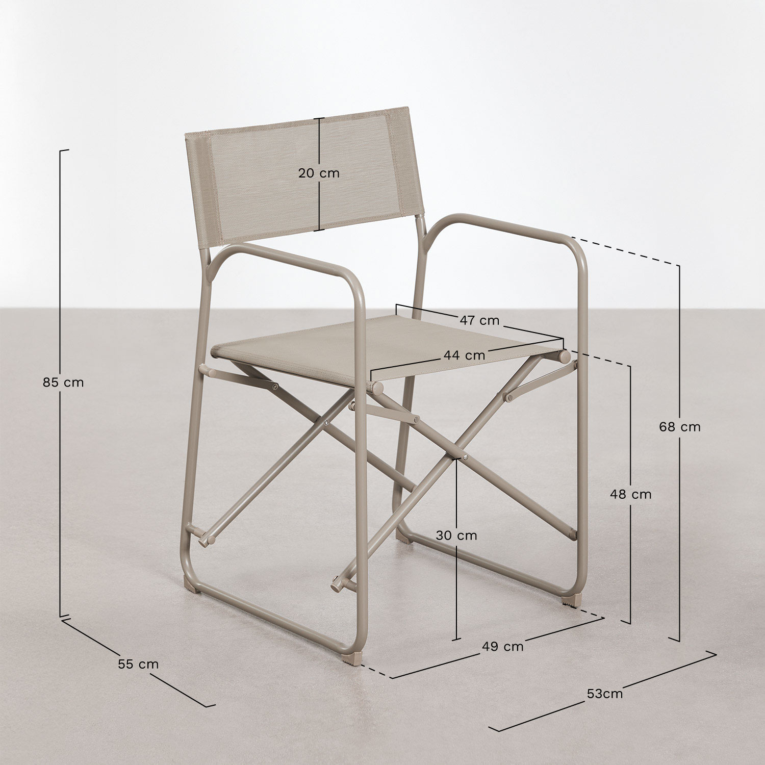Melida folding director chair for garden in steel, medidas