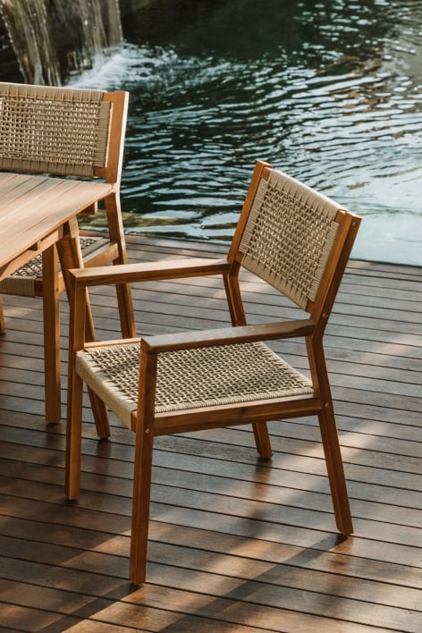 Tenay Square garden chair with acacia wood armrests and braided rope - Brown Wheat