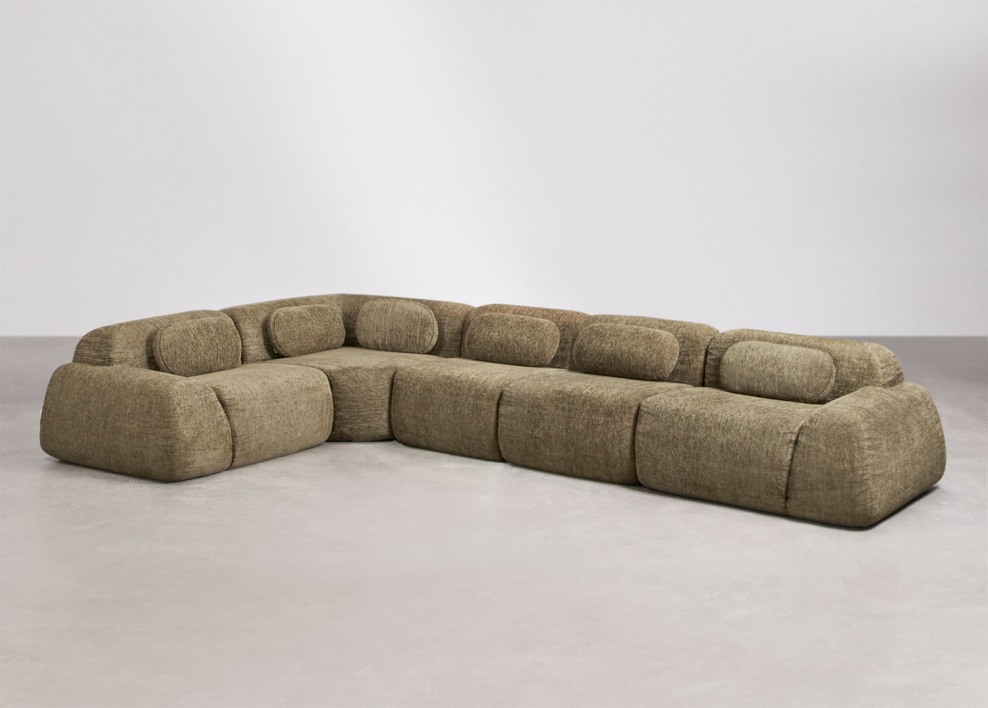 5-piece modular corner sofa in vacuum-packed chenille Merida - Thick Sage Green Chenille