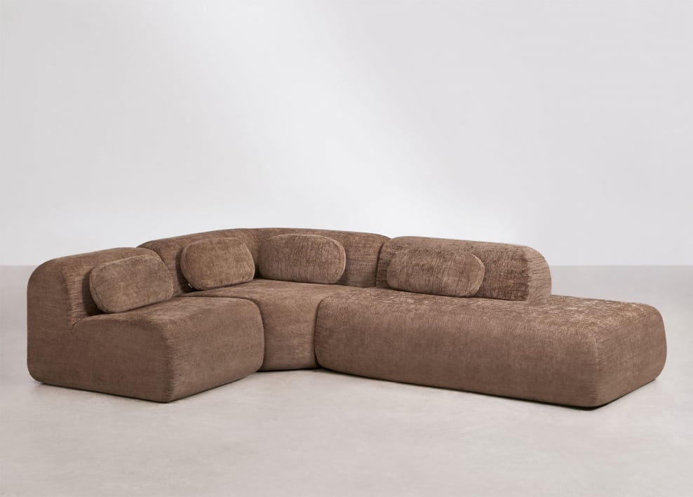 3-piece modular corner sofa with right chaise in vacuum-packed chenille Merida - Caramel Brown Chenille