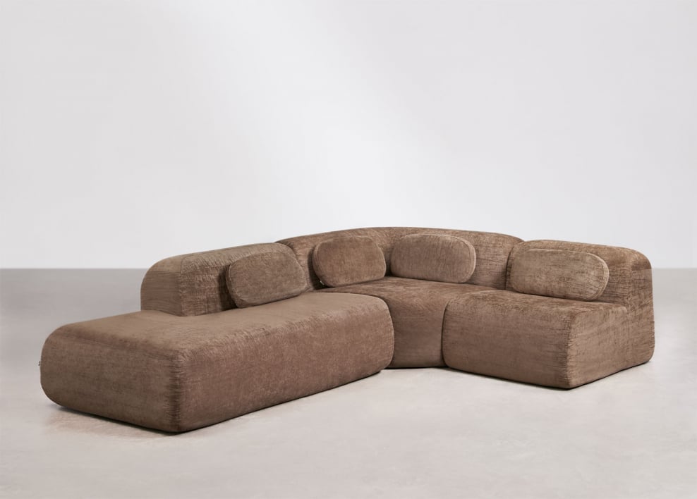 3-piece left chaise modular corner sofa in vacuum-packed chenille Merida - Caramel Brown Chenille