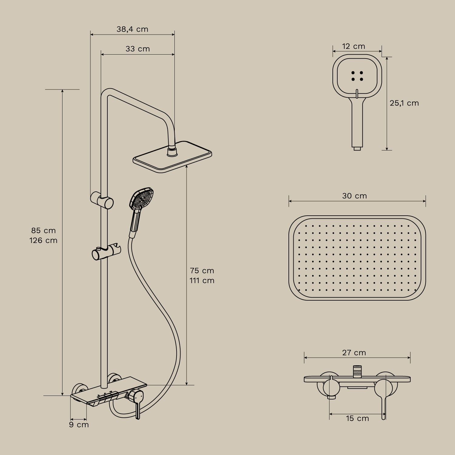 Almudena aluminum shower column, medidas