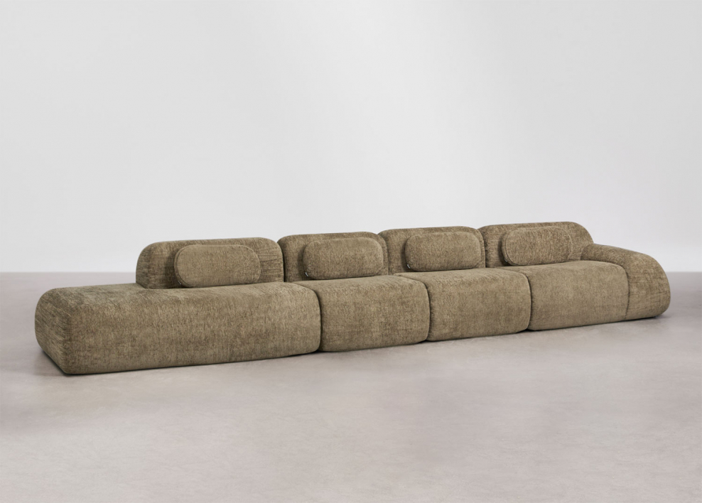 4-piece left chaise modular sofa in vacuum-packed chenille Merida - Thick Sage Green Chenille
