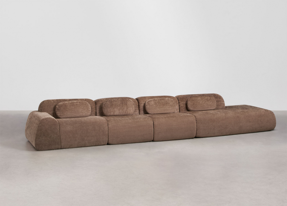 4-piece right chaise modular sofa in vacuum-packed chenille Merida - Caramel Brown Chenille