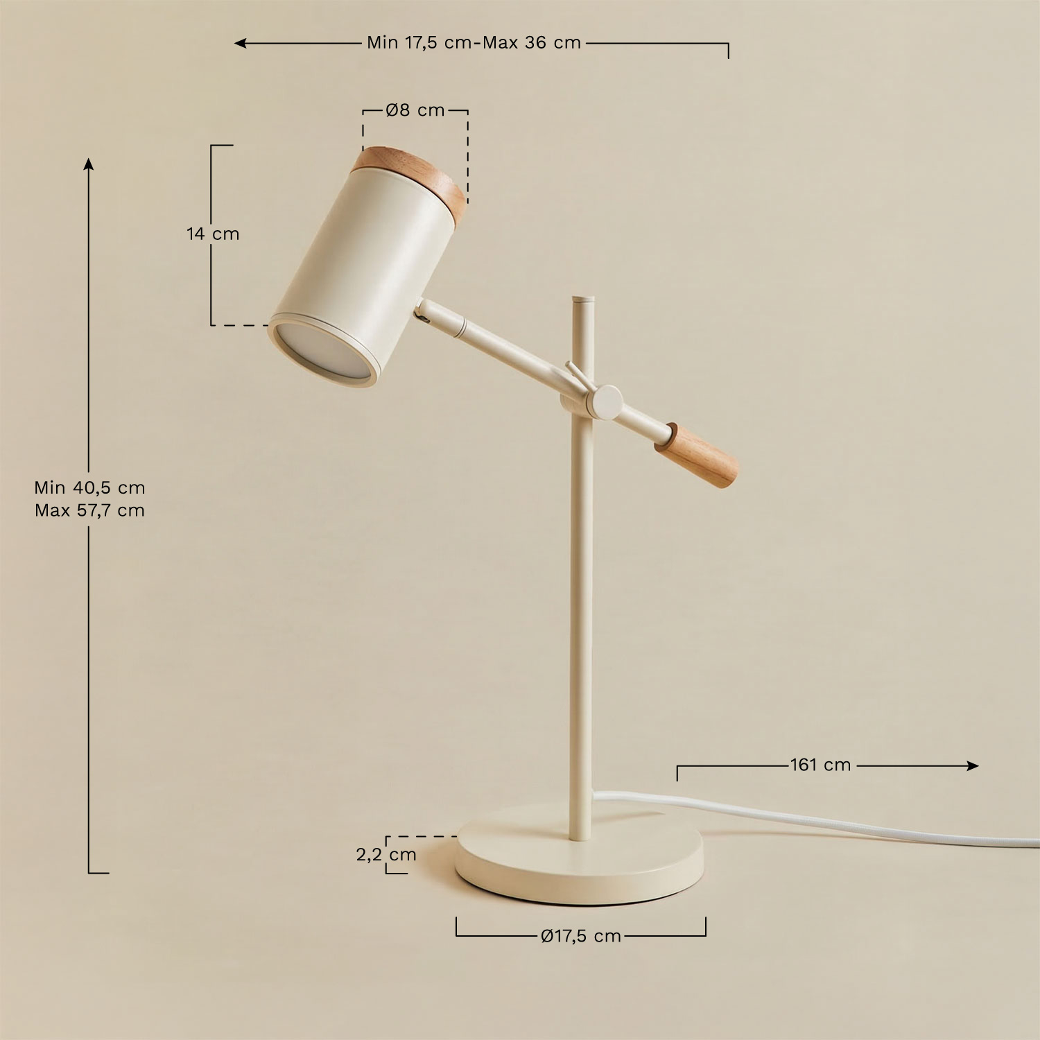 Adjustable table lamp in iron Amaranto, medidas