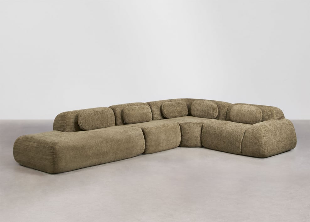 4-piece left chaise modular corner sofa in vacuum-packed chenille Mérida - Thick Sage Green Chenille