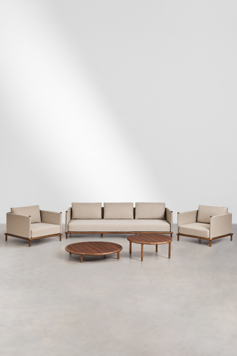 Olivia acacia wood garden set with 3-seater sofa, 2 armchairs, and 2 round coffee tables - Dark Acacia Brown