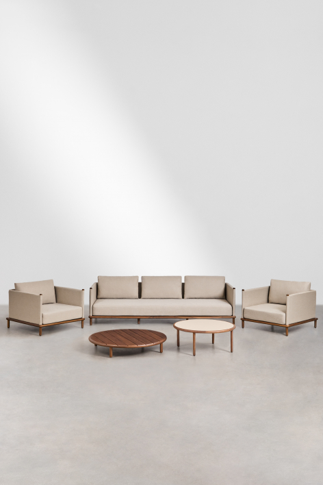 Olivia acacia wood garden set with 3-seater sofa, 2 armchairs, and 2 round coffee tables - Dark Acacia Brown - Beige Semoline