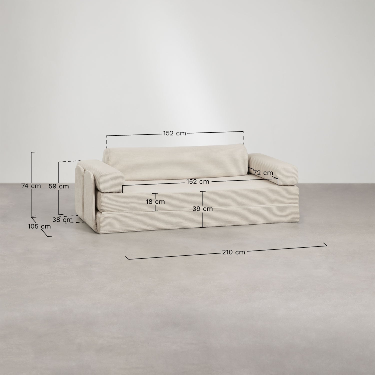 Vacuum-packed 2-seater velvet sofa bed Paoly, medidas