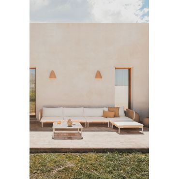 4-piece Garden Set With 4-piece Modular Corner Sofa, Coffee Table, And Pouf In Roubly Steel Almond Beige - Sklum