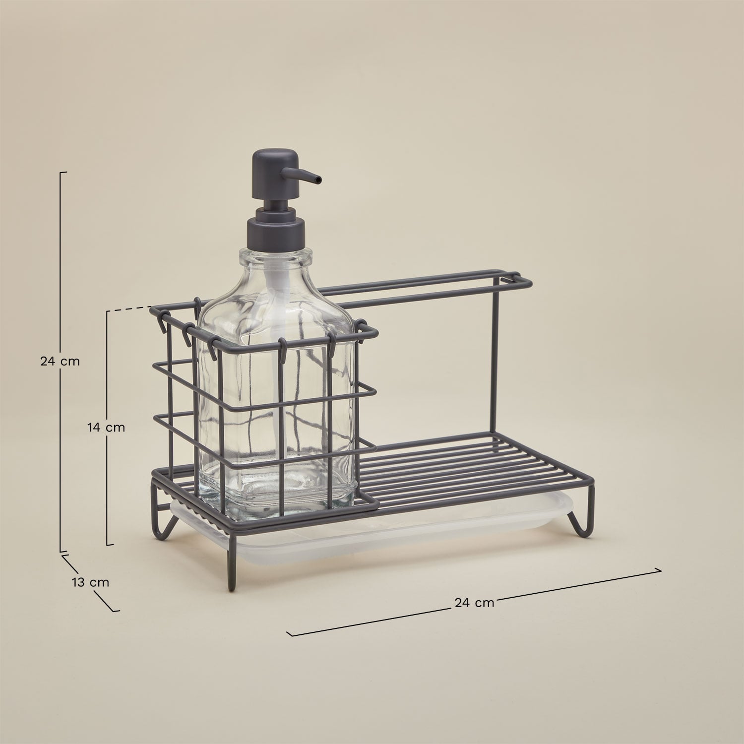 Darcei kitchen soap dispenser in iron and glass, medidas