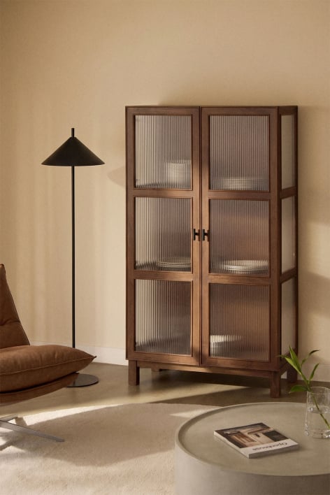 Ildara mango wood and glass display cabinet - Black - Dark Mango Wood