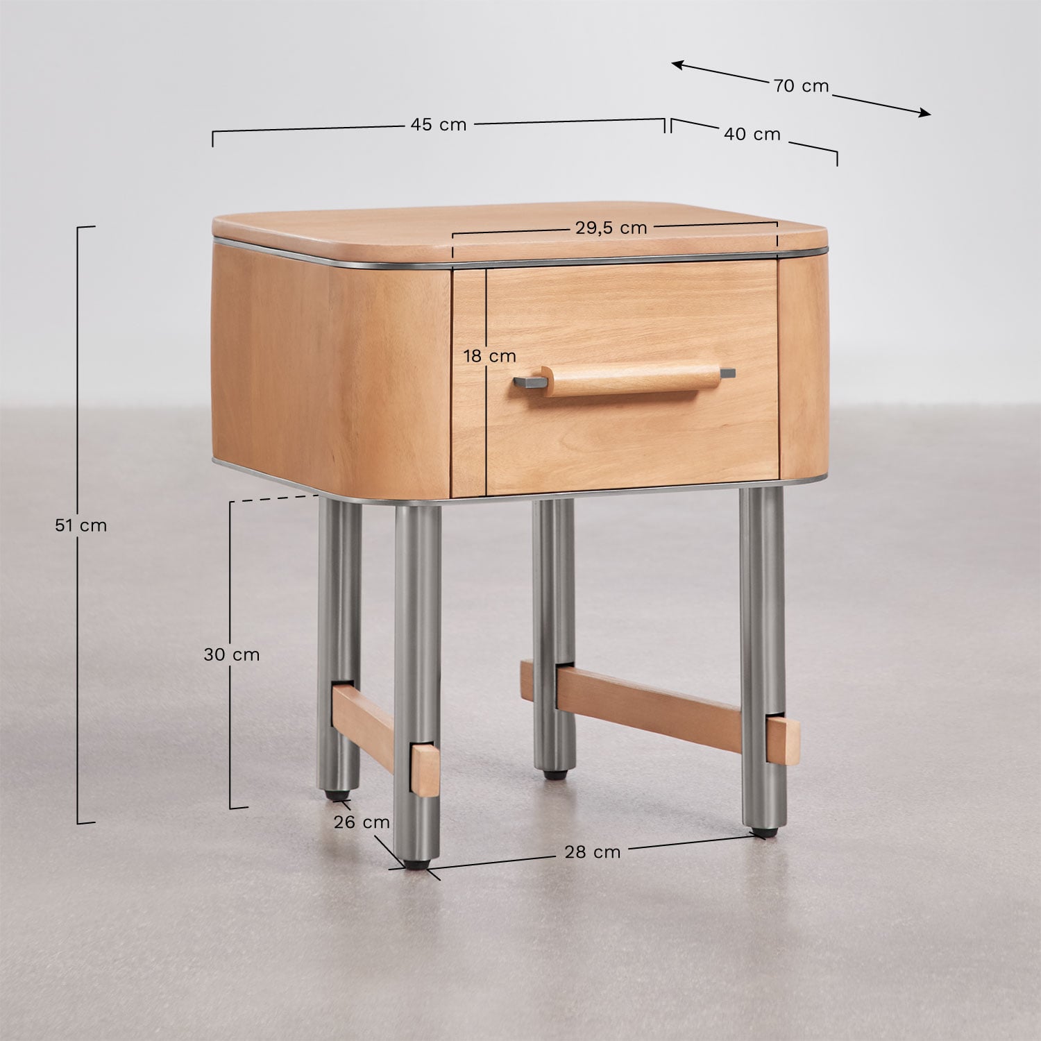 Rectangular bedside table 45x40 cm in mango wood and steel Osaka, medidas