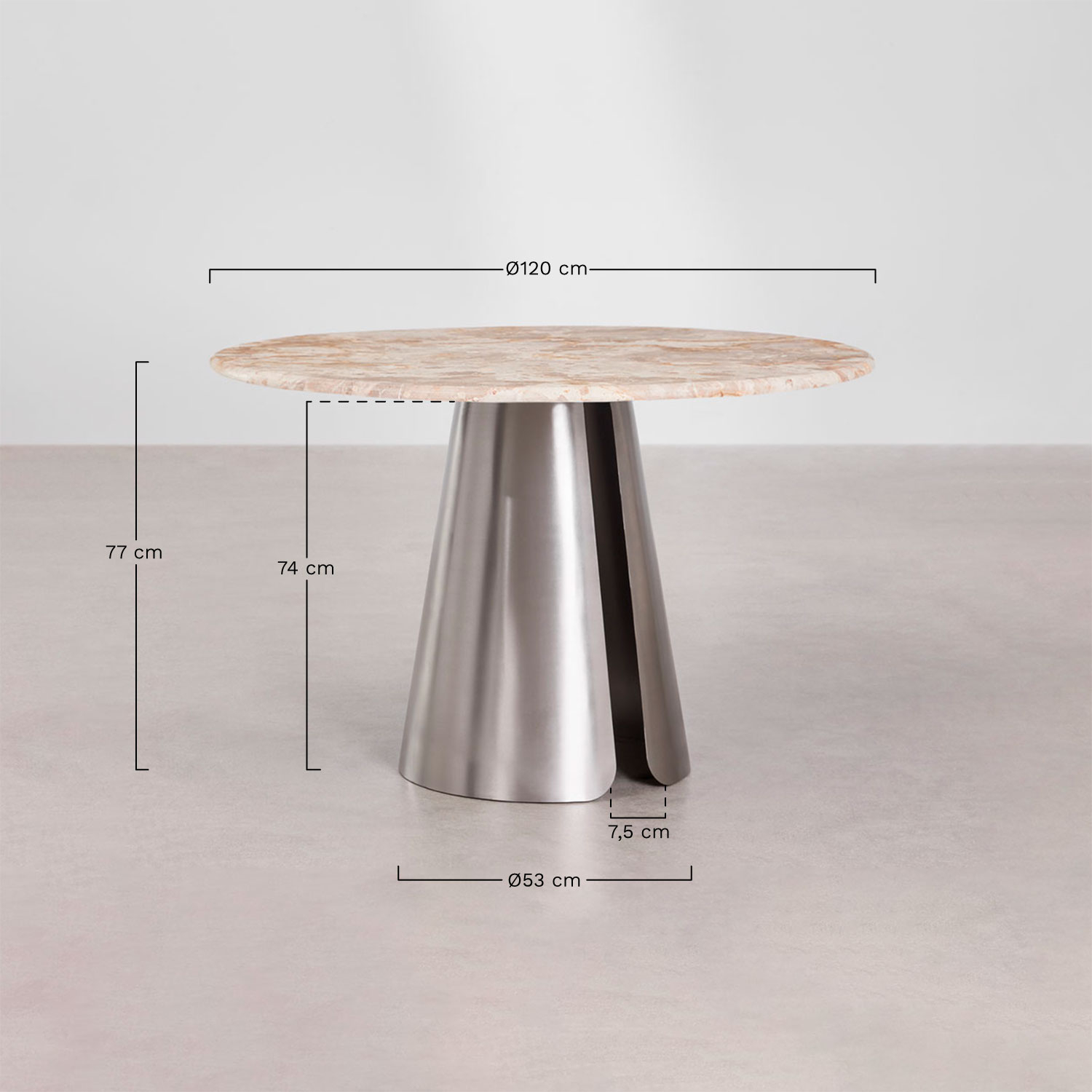 Baelor round dining table Ø120 cm in stainless steel, medidas