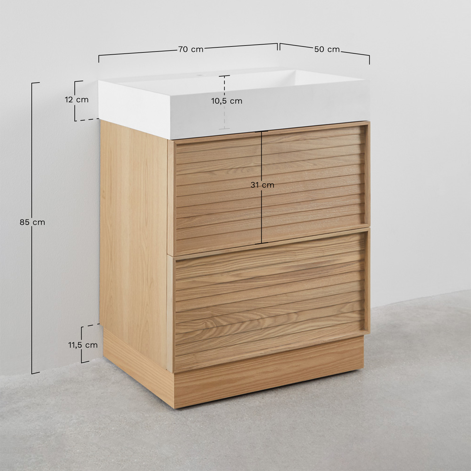 70x50 cm bathroom furniture set in wood with integrated Jolene sink, medidas