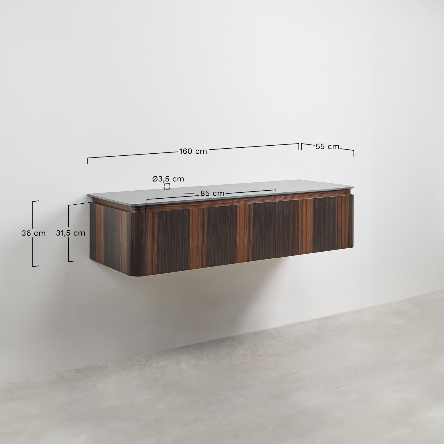 Suspended bathroom furniture set 160x55 cm in Lavena wood, medidas