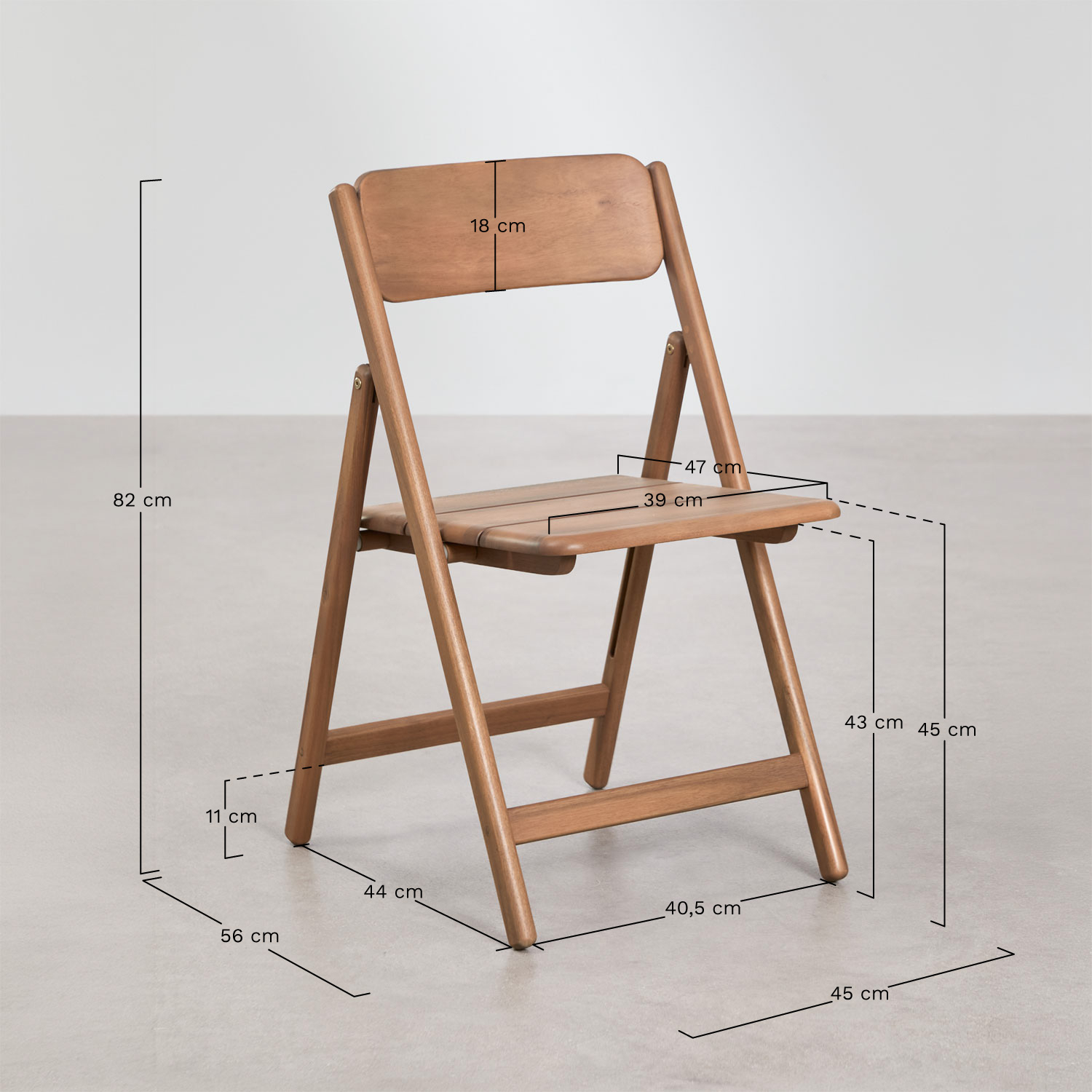 Karvia extendable table set 100-160x100 cm and 6 folding garden chairs in acacia wood Zayma, medidas