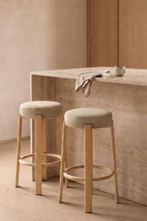 High stool in chenille fabric and iron Jolie - Natural Wood Brown