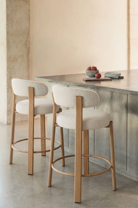 High stool with backrest in chenille fabric and iron Jolie - Natural Wood Brown