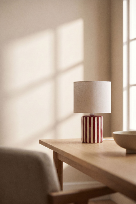 Araminta ceramic and linen table lamp - Beige Tapioca - Wine Red
