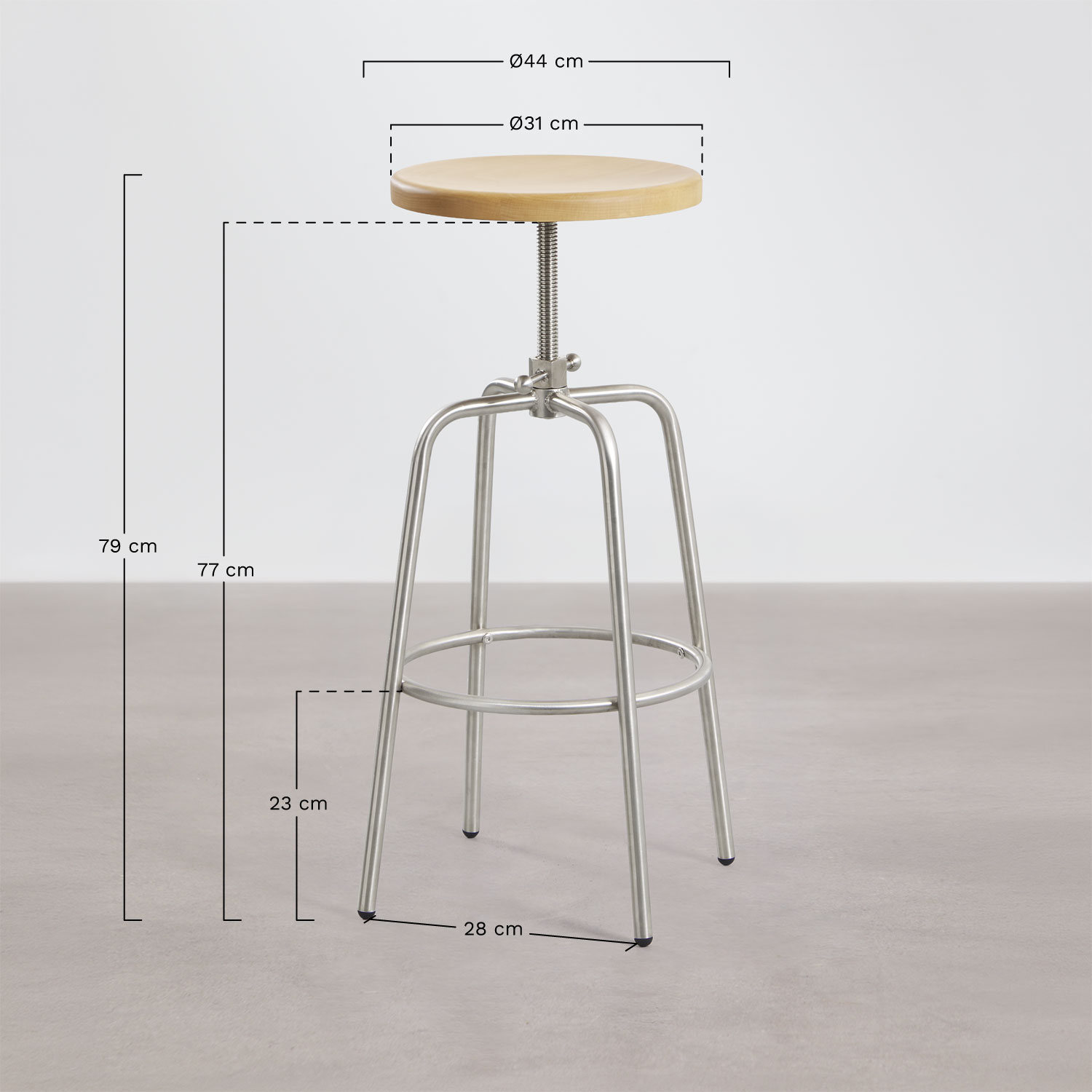 Pack of 4 adjustable high stools in stainless steel and beech wood Bangalore, medidas