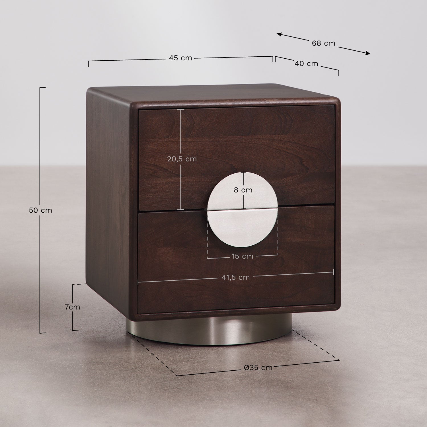 Melisand 45x40 cm bedside table in mango wood and stainless steel, medidas