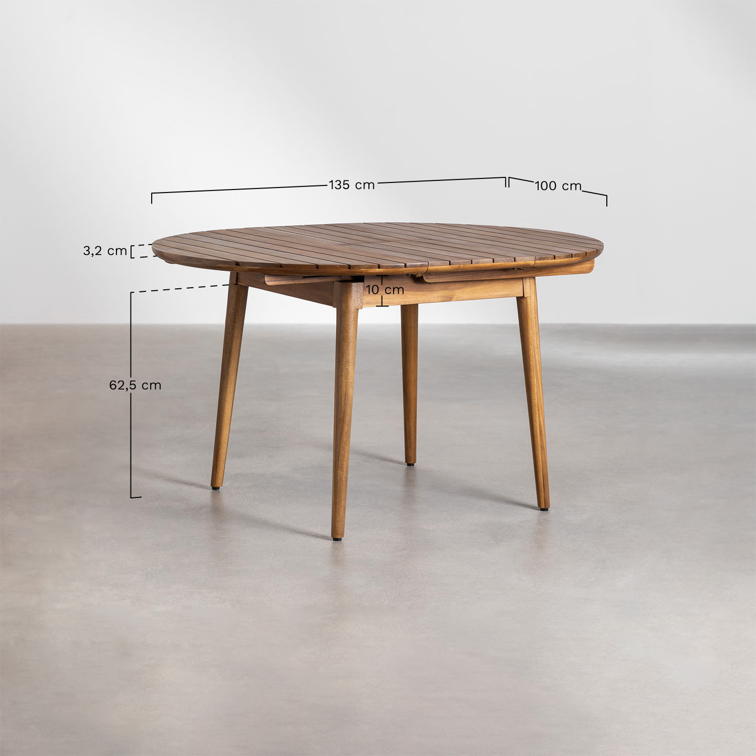 Tenay extendable garden table 100-135x100 cm in acacia wood, medidas