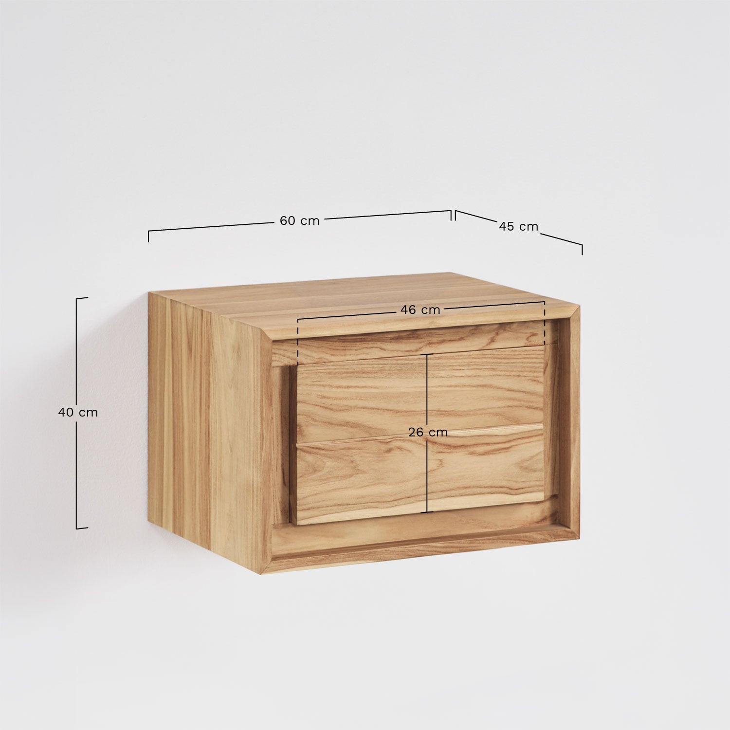 Jabari 60x45 cm suspended teak wood bathroom furniture set, medidas