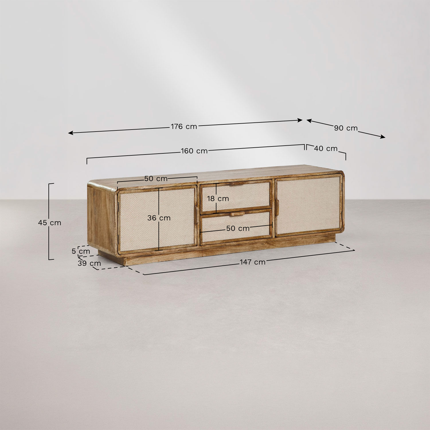 Abrams mango wood TV cabinet, medidas