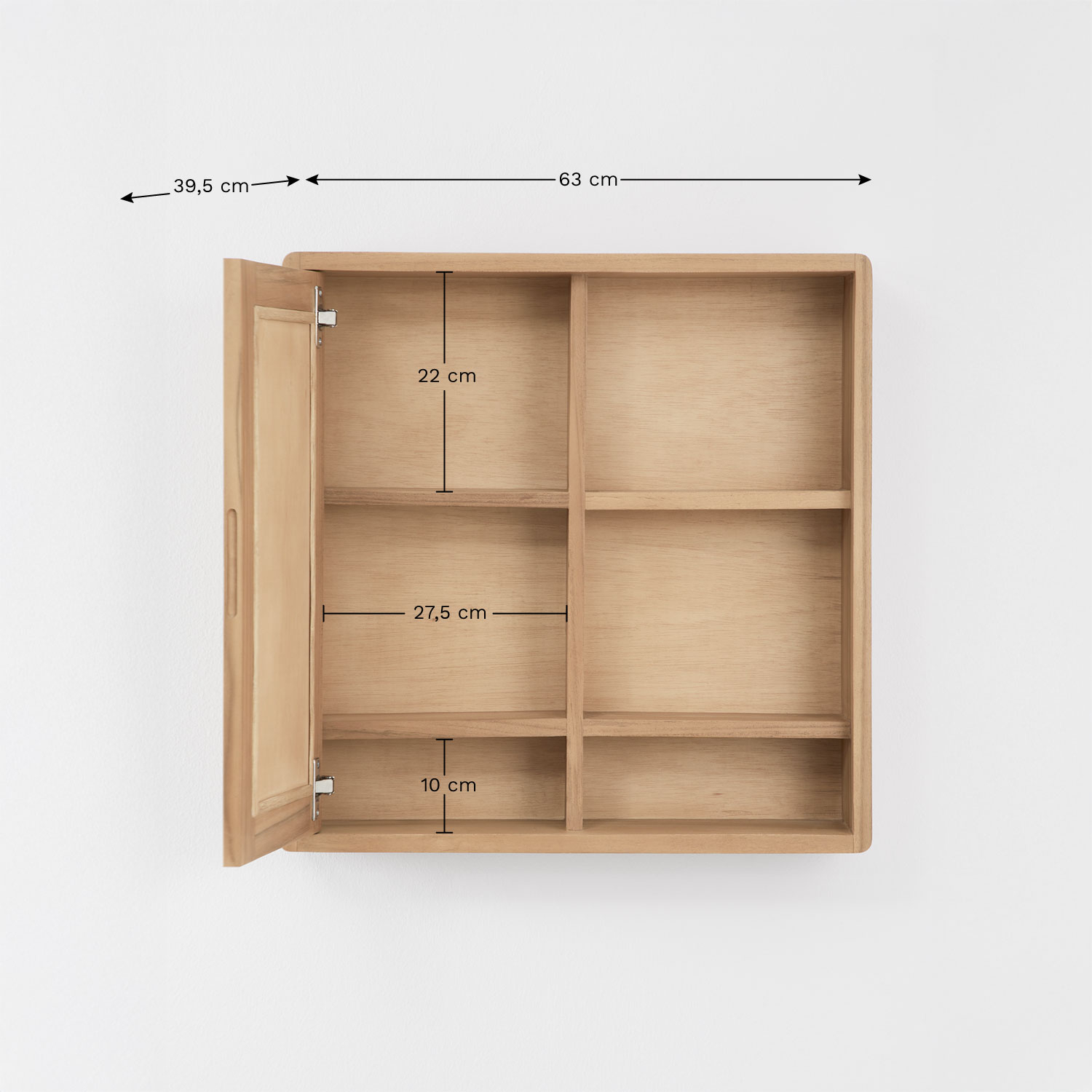 Square 60x60 cm wall cabinet for bathroom in teak wood with rectangular mirror Ian, medidas