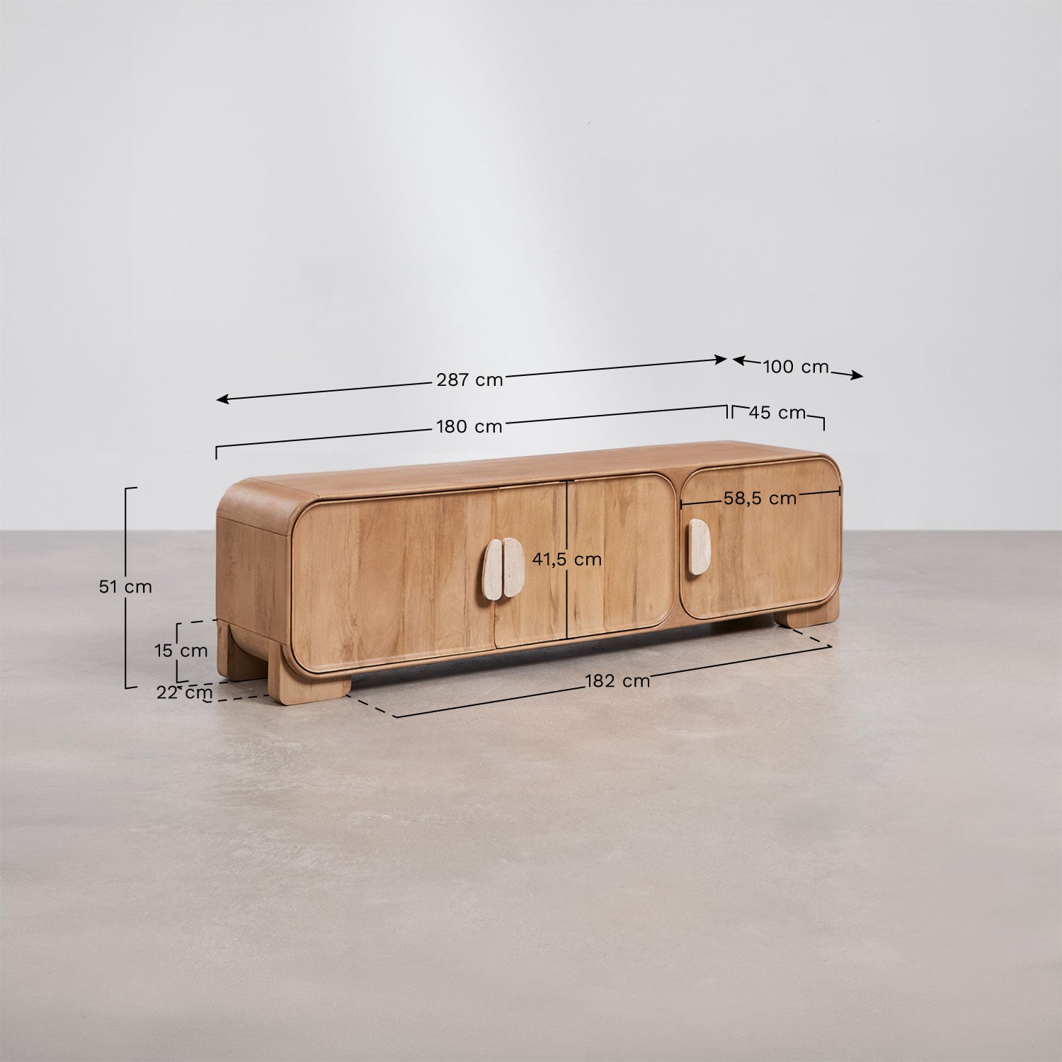 Kivalina TV cabinet in mango wood and natural stone, medidas