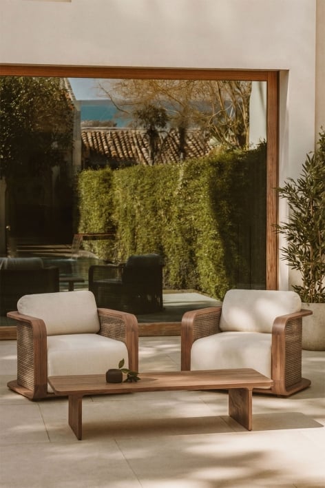 Acacia wood garden set with 2 armchairs and coffee table Noira