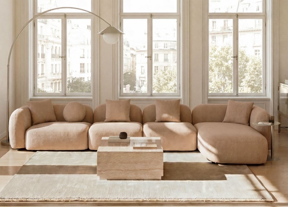 4-piece right modular chaise longue sofa in Coco chenille