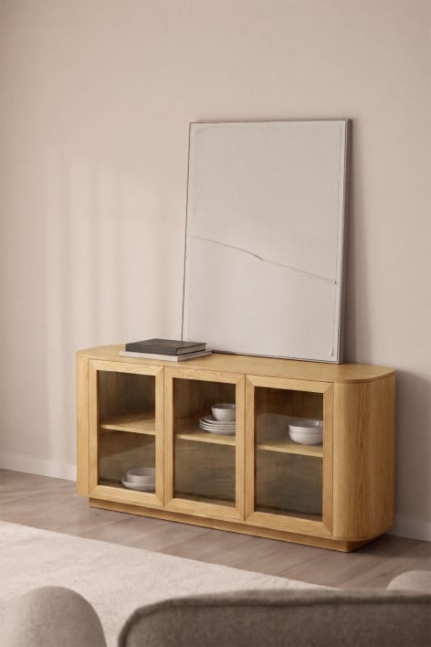 Rectangular sideboard 160x40 cm in oak brown MDF and tempered glass Walia