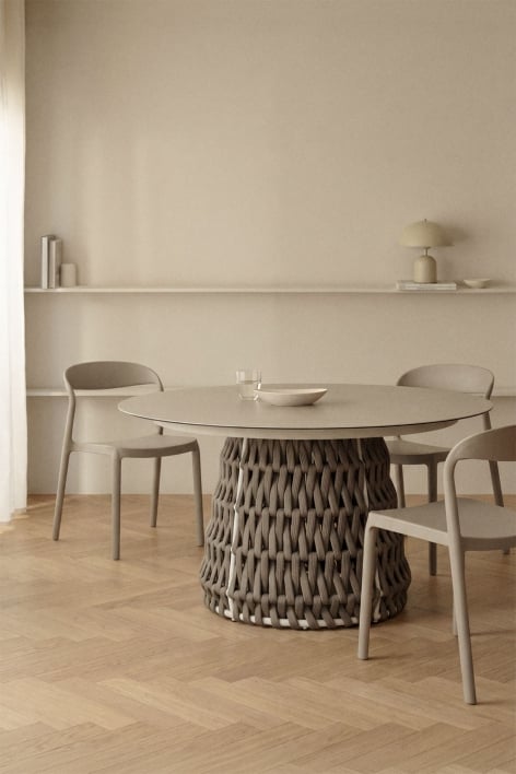 Tevary round dining table Ø140 cm in ceramic and braided rope - Gardenia White