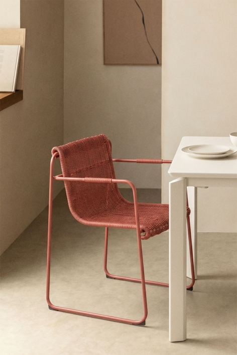 Stackable dining chair with armrests in synthetic rattan and steel Revia - Terracota