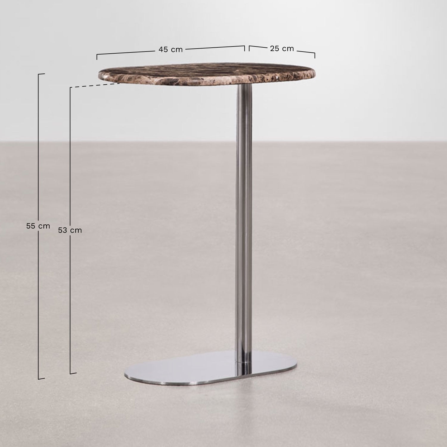Oval side table 45x25 cm in stainless steel Lumair, medidas