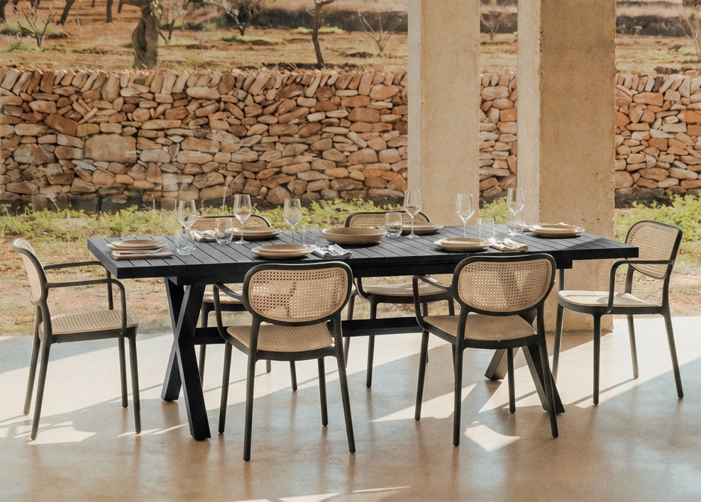 Karena extendable rectangular table set 180-240x90 cm and 6 stackable garden chairs with armrests Omara