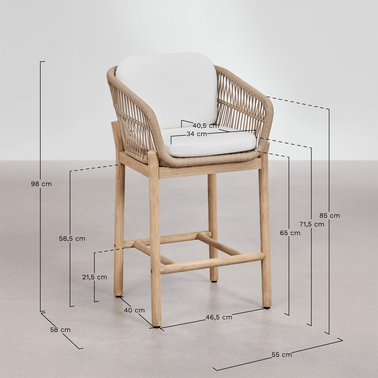 Karvia high garden stool in acacia wood and braided rope, medidas